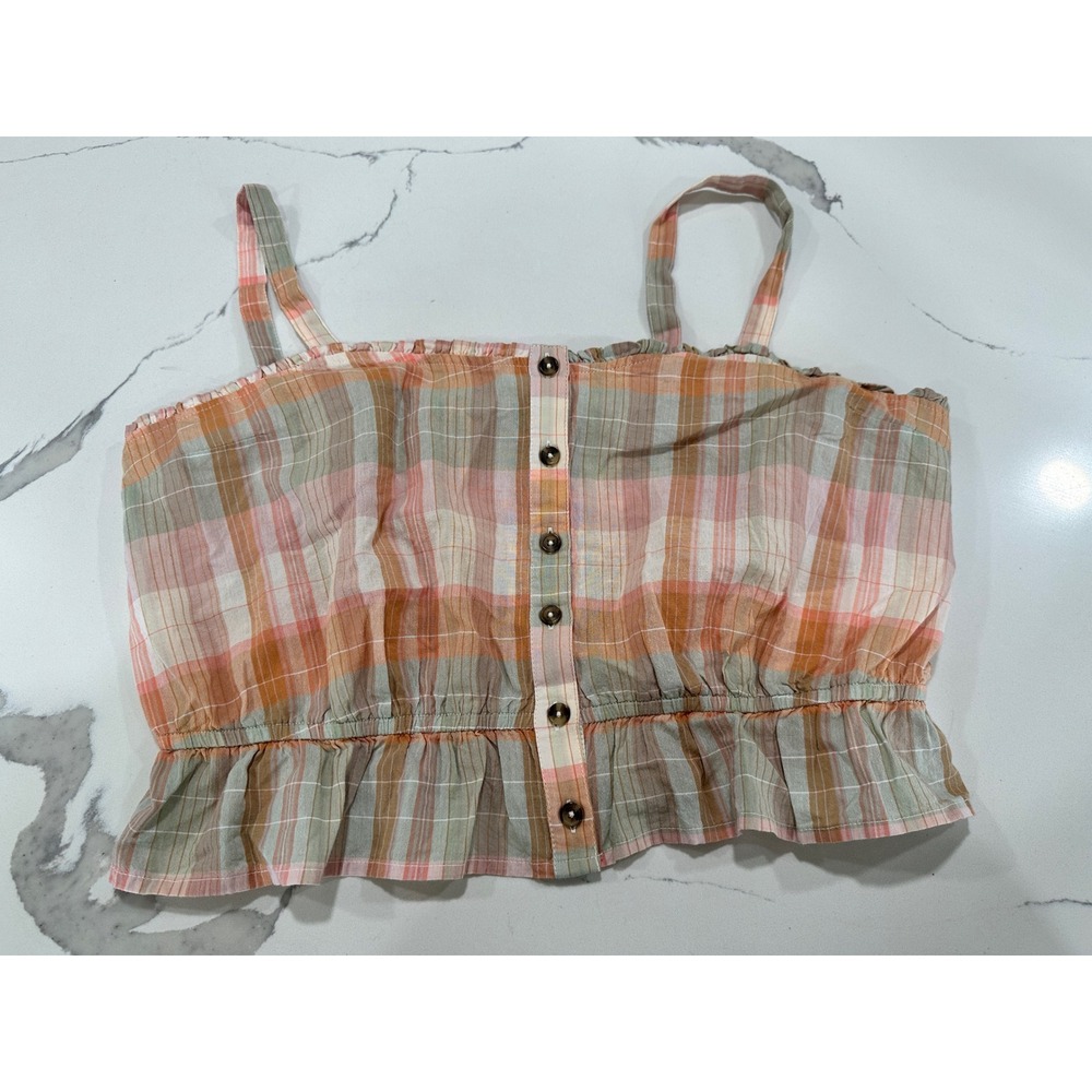 Lucky‎ Brand Plaid Button Down Peplum Cami Top Orange Pink Green Large